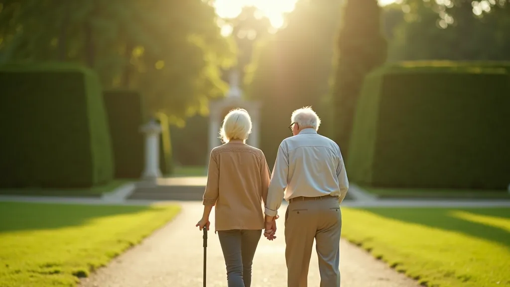 Seniorpāris staigā Rundāles pils dārznu takiem