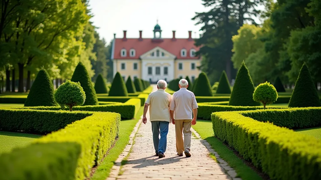 Jāņa muižas dārzs ar klasiskiem krūmiem, skaidrs pavasara diena, seniori pastaigā