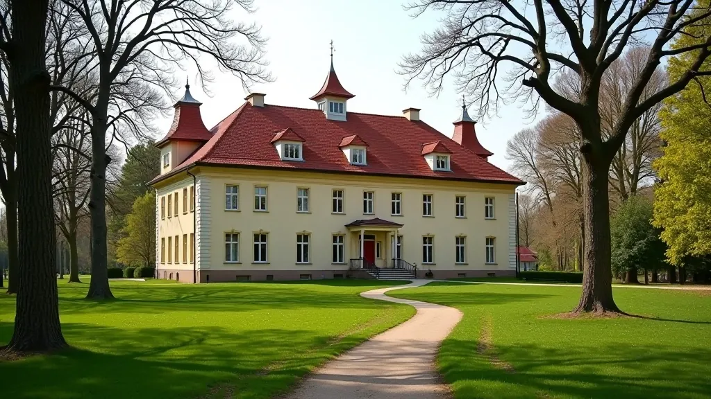 Vēsturiska Latvijas muiža ar sarkanu jumtu, parkā ar seņiem kokiem un ceļiem